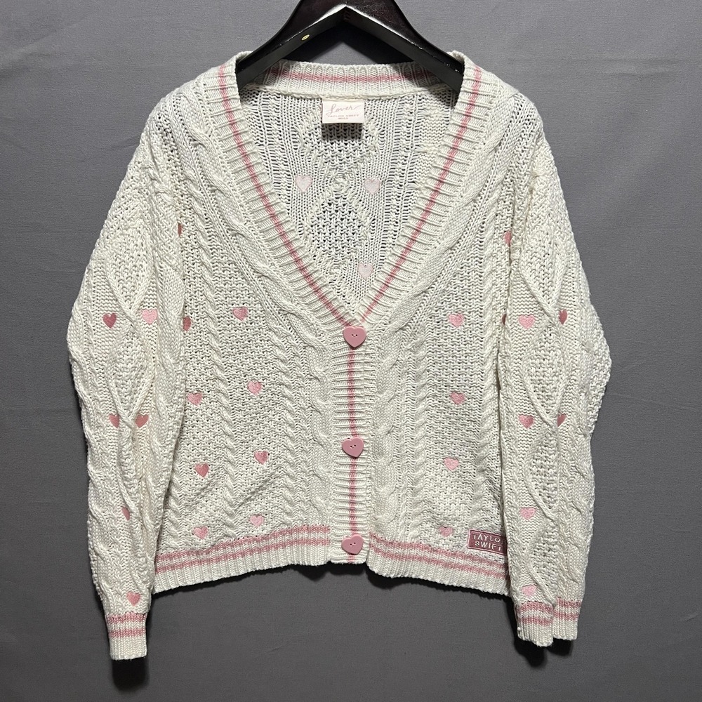 Taylor‎ Swift Cardigan Sweater Womens M/L White Cable Knit Pink Heart Lover